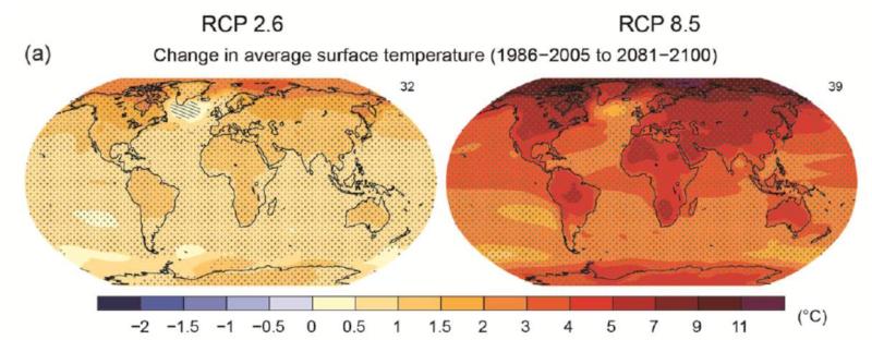Erwärmungsszenarien mit und ohne Klimaschutz bis Ende des Jahrhunderts. Erwärmungsszenarien mit und ohne Klimaschutz bis Ende des Jahrhunderts.