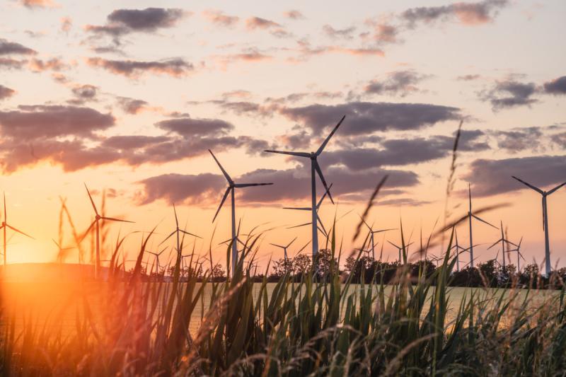 Landschaft mit Windräder im Sonnenuntergang