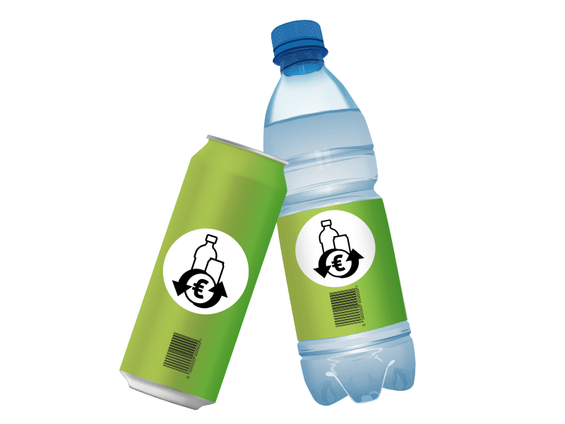 Das neue Einwegpfand-Logo abgebildet auf Dose und Flasche