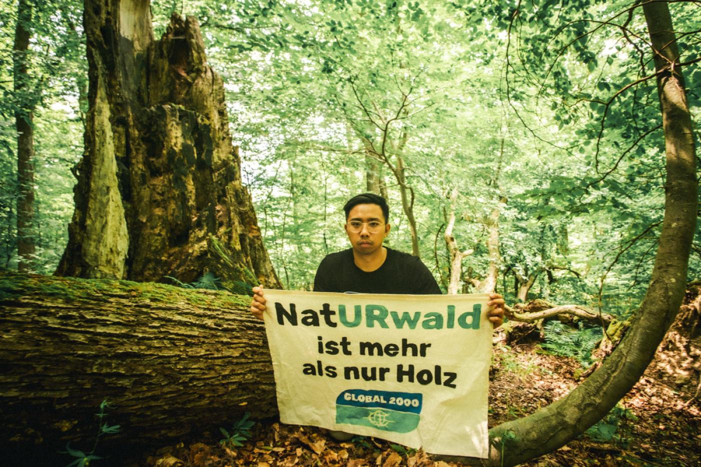 Aktivist sitzt am Waldboden und hält ein Plakat in die Kamera, worauf "Naturwald ist mehr als nur Holz" steht.