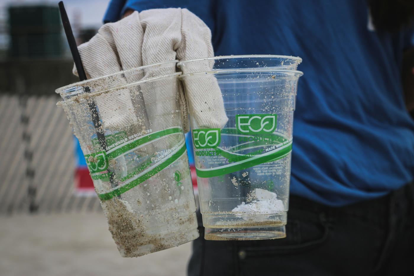 Zwei Plastik-Becher mit der grünen Aufschrift "Eco" werden von einer Hand in Handschuhen in die Kamera gehalten. 