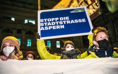 Demonstrantin bei Demo hält Schild mit "Stoppt die Stadtstrasse Aspern"