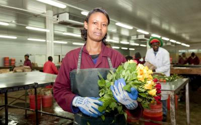 Arbeiterin hält Strauß mit Rosen in Fabrikshalle in der Hand und schaut in die Kamera