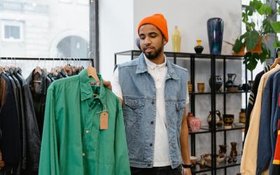 Mann mit oranger Haube und Jeansjacke hält ein grünes Hemd in der Hand und schaut es an. Er steht in einem Vintage store.