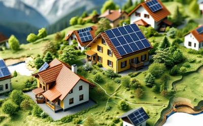 KI generiertes Bild auf dem Häuser in den Bergen mit PV Anlagen abgebildet sind