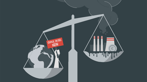 Grafik einer unausgeglichenen Waage: ganz unten wird der Planet abgebildet oben die fossile Industrie