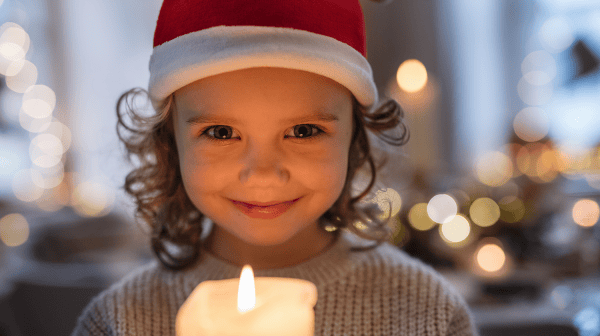 Mädchen mit Weihnachtsmütze schaut in die Kamera und lacht, vor ihr steht eine Herze, die leuchtet. 