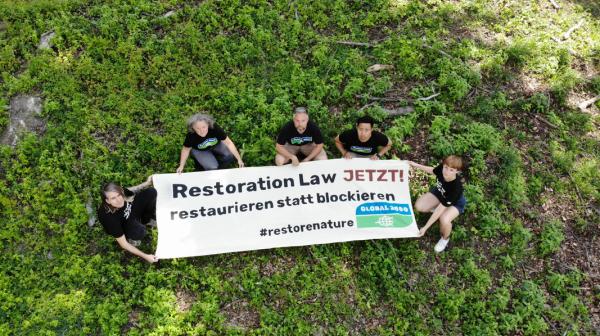 Drohnenfoto: Man sieht Aktivist:innen mit einem Transparent auf einer Waldlichtung sitzen. Auf dem Transparent steht "Restoration Law Jetzt!"